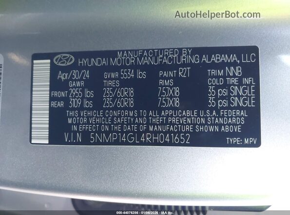 5NMP14GL4RH041652 2024 HYUNDAI SANTA FE Серебряный 