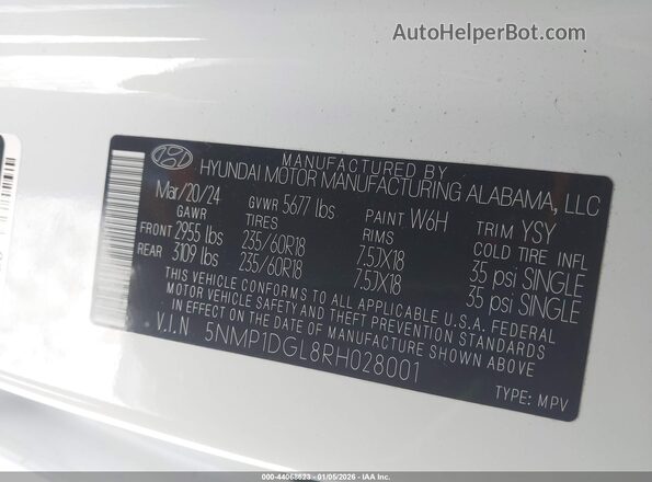 5NMP1DGL8RH028001 2024 HYUNDAI SANTA FE White Vista del compartimento del motor