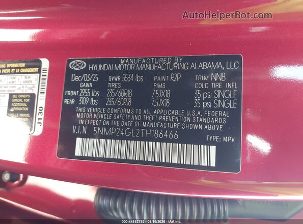 5NMP24GL2TH186466 2026 HYUNDAI SANTA FE Red Շարժիչի բաժամունքի տեսք