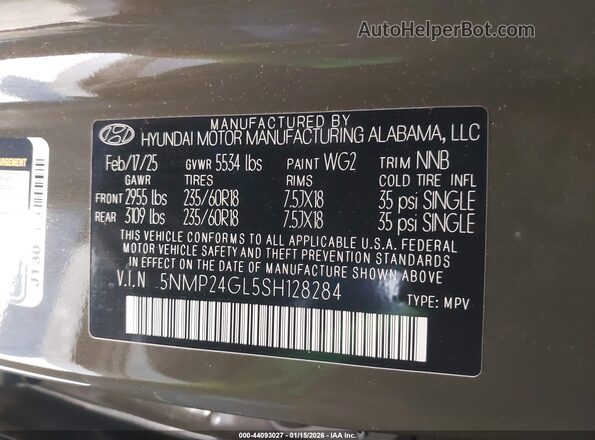 5NMP24GL5SH128284 2025 HYUNDAI SANTA FE Серый 