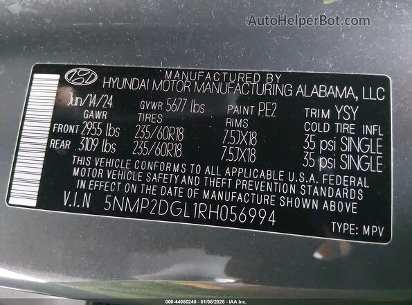 5NMP2DGL1RH056994 2024 HYUNDAI SANTA FE Gray Engine compartment view