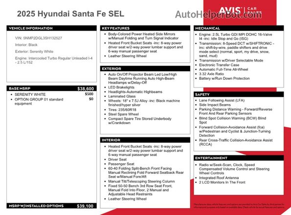 5NMP2DGL3SH132527 2025 HYUNDAI SANTA White VIN კოდის სტიკერის ხედი