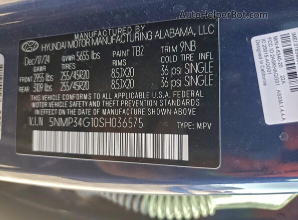 5NMP34G10SH036575 2025 HYUNDAI SANTA Синий Вид наклейки с VIN-кодом