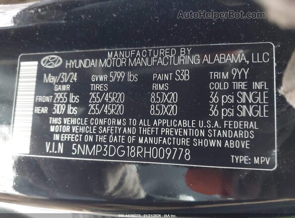 5NMP3DG18RH009778 2024 HYUNDAI SANTA FE HYBRID Black Engine compartment view