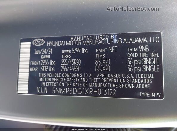5NMP3DG1XRH013122 2024 HYUNDAI SANTA FE HYBRID Navy Вид подкапотного пространства