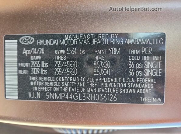 5NMP44GL3RH036126 2024 HYUNDAI SANTA Brown Vista de la etiqueta del VIN
