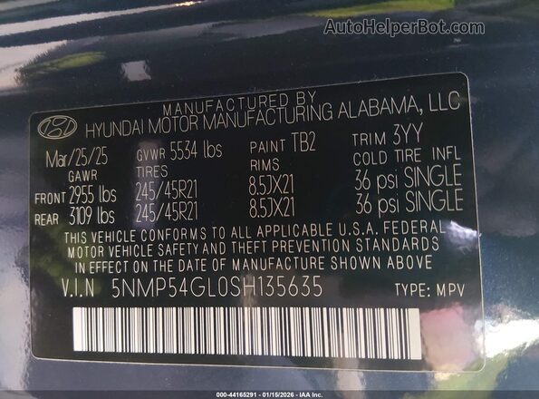 5NMP54GL0SH135635 2025 HYUNDAI SANTA FE CALLIGRAPHY Blue Vista del compartimento del motor