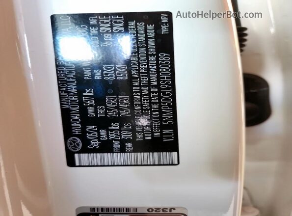 5NMP5DGL9SH080389 2024 HYUNDAI SANTA FE CALLIGRAPHY White VIN კოდის სტიკერის ხედი