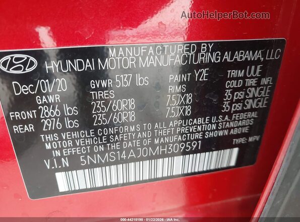 5NMS14AJ0MH309591 2021 HYUNDAI SANTA FE Красный 