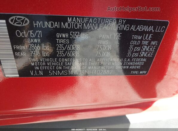 5NMS14AJ3NH402882 2022 HYUNDAI SANTA FE Red Вид підкапотного простору