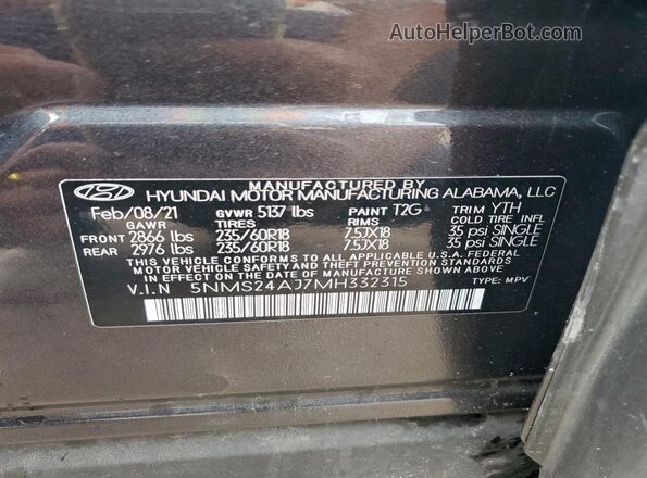 5NMS24AJ7MH332315 2021 HYUNDAI SANTA Серый Вид подкапотного пространства
