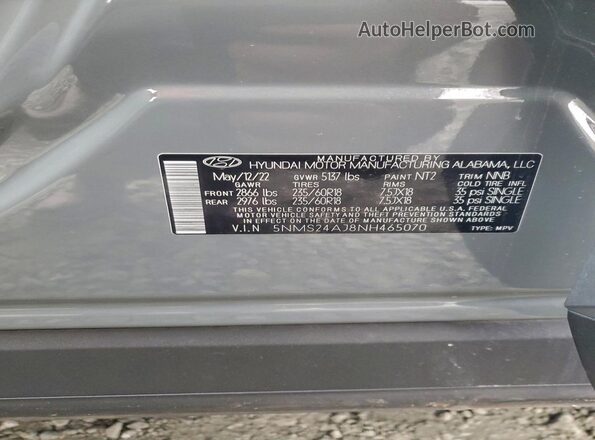 5NMS24AJ8NH465070 2022 HYUNDAI SANTA Charcoal Widok naklejki z numerem VIN