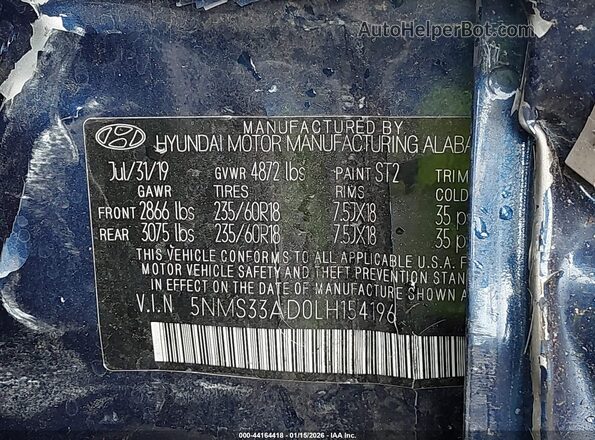 5NMS33AD0LH154196 2020 HYUNDAI SANTA FE Blue Vista del compartimento del motor