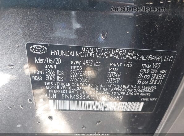 5NMS33AD1LH236289 2020 HYUNDAI SANTA FE HYBRID Black 