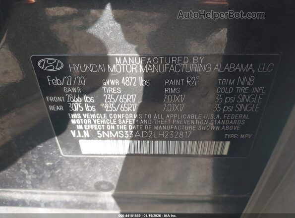 5NMS33AD2LH232817 2020 HYUNDAI SANTA FE Gray Вид підкапотного простору