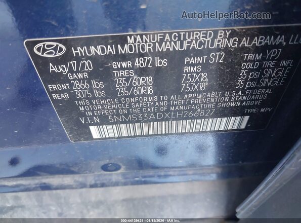 5NMS33ADXLH266827 2020 HYUNDAI SANTA FE Blue Вид підкапотного простору