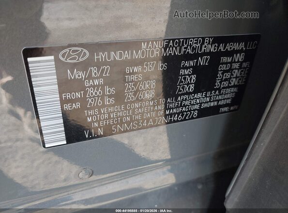 5NMS34AJ2NH467278 2022 HYUNDAI SANTA FE Серый Вид подкапотного пространства