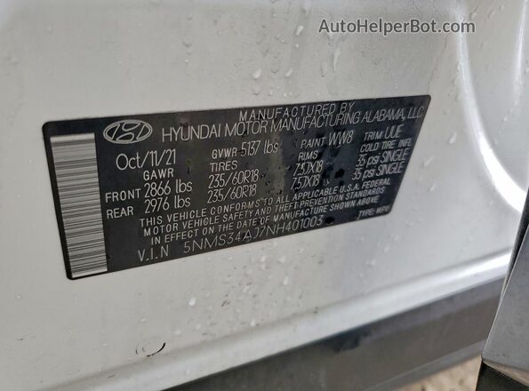 5NMS34AJ7NH401003 2022 HYUNDAI SANTA White Вид наклейки з VIN-кодом