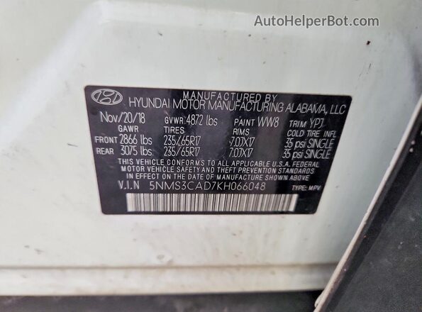 5NMS3CAD7KH066048 2019 HYUNDAI SANTA White Շարժիչի բաժամունքի տեսք