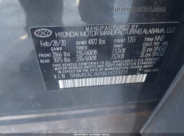 5NMS3CAD8LH233213 2020 HYUNDAI SANTA FE Gray Engine compartment view