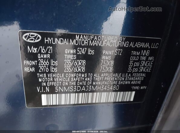5NMS3DAJ3MH345480 2021 HYUNDAI SANTA FE Black Widok komory silnika