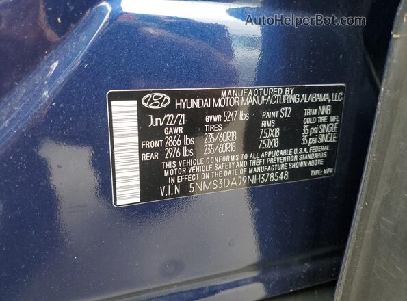 5NMS3DAJ9NH378548 2022 HYUNDAI SANTA Синий Вид наклейки с VIN-кодом