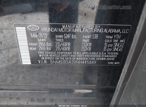 5NMS3DAJ9NH445889 2022 HYUNDAI SANTA FE Black Vista del compartimento del motor