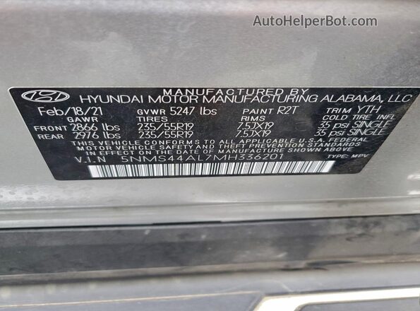5NMS44AL7MH336201 2021 HYUNDAI SANTA Серебряный 