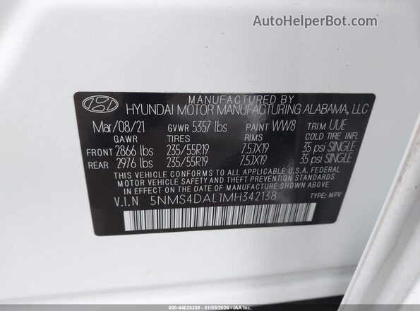 5NMS4DAL1MH342138 2021 HYUNDAI SANTA FE White Vista del compartimento del motor