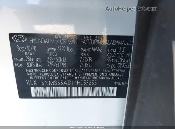 5NMS53AD1KH037235 2019 HYUNDAI SANTA FE White 