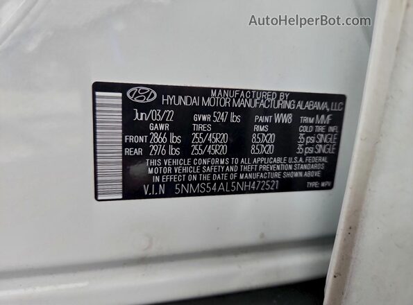 5NMS54AL5NH472521 2022 HYUNDAI SANTA FE CALLIGRAPHY White Панорамний вид салону 360°