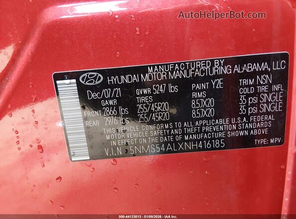 5NMS54ALXNH416185 2022 HYUNDAI SANTA FE CALLIGRAPHY Red Вид підкапотного простору