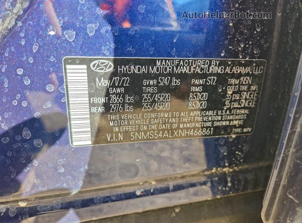 5NMS54ALXNH466861 2022 HYUNDAI SANTA FE CALLIGRAPHY Blue 360 interior view