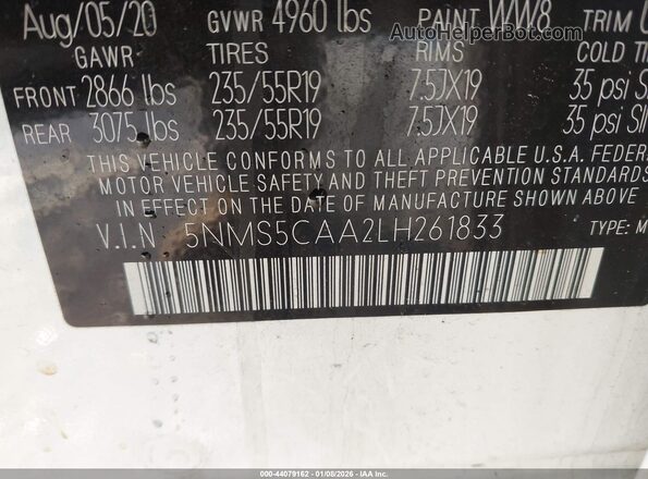 5NMS5CAA2LH261833 2020 HYUNDAI SANTA FE White Vista del compartimento del motor