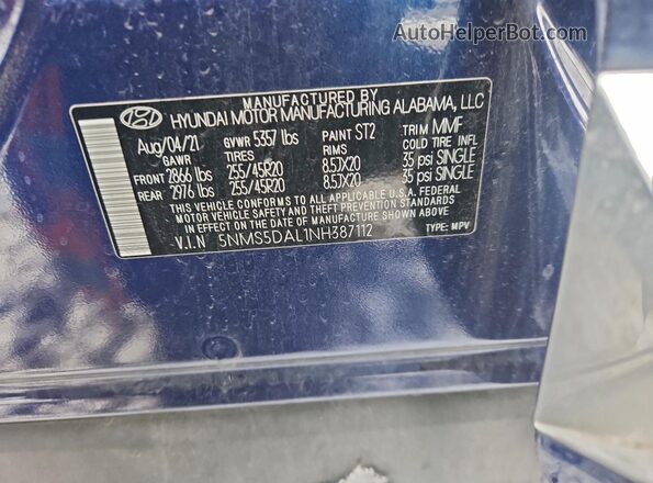 5NMS5DAL1NH387112 2022 HYUNDAI SANTA FE CALLIGRAPHY Blue Շարժիչի բաժամունքի տեսք