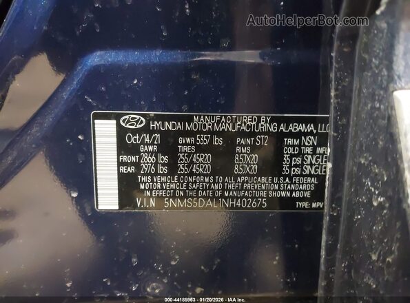 5NMS5DAL1NH402675 2022 HYUNDAI SANTA FE CALLIGRAPHY Blue Engine compartment view