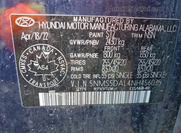 5NMS5DAL4NH456035 2022 HYUNDAI SANTA FE CALLIGRAPHY Blue 