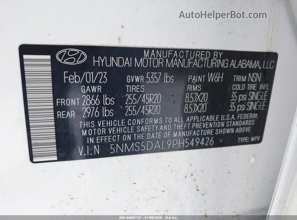 5NMS5DAL9PH549426 2023 HYUNDAI SANTA FE CALLIGRAPHY White Вид підкапотного простору