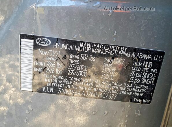 5NMS64AJ2NH407377 2022 HYUNDAI SANTA Серый Вид наклейки с VIN-кодом