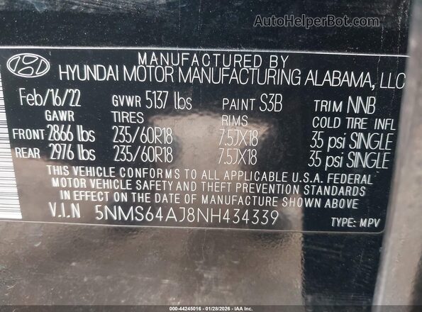 5NMS64AJ8NH434339 2022 HYUNDAI SANTA FE Черный Вид подкапотного пространства