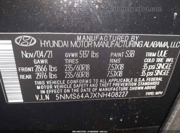5NMS64AJXNH408227 2022 HYUNDAI SANTA FE Black Вид підкапотного простору
