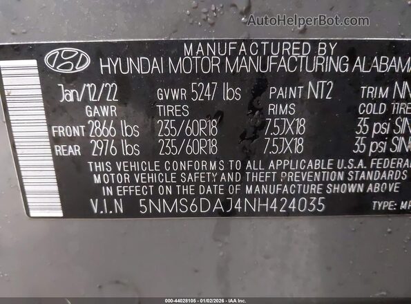 5NMS6DAJ4NH424035 2022 HYUNDAI SANTA FE Gray Widok komory silnika