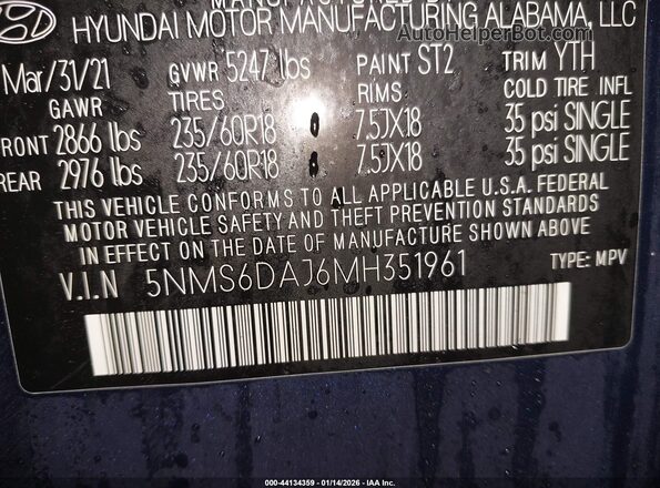 5NMS6DAJ6MH351961 2021 HYUNDAI SANTA FE Dark Blue 