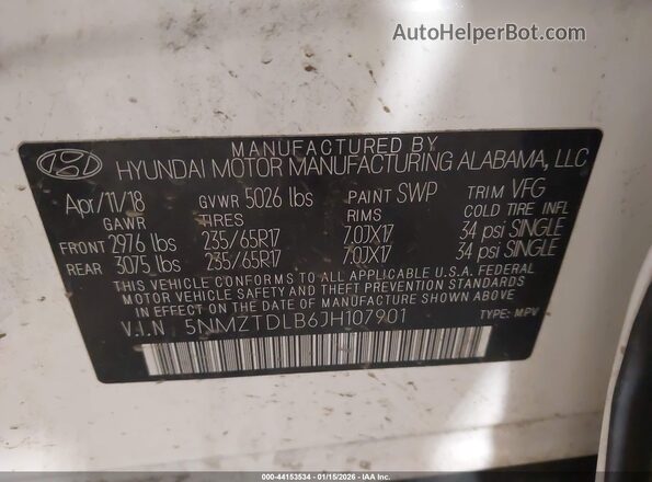 5NMZTDLB6JH107901 2018 HYUNDAI SANTA FE SPORT White 