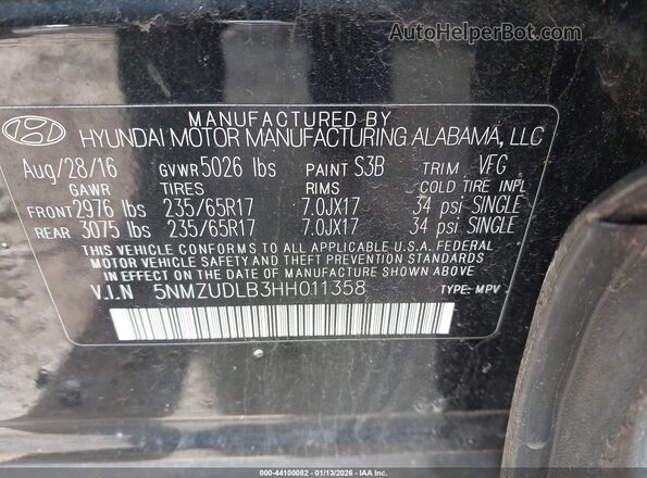5NMZUDLB3HH011358 2017 HYUNDAI SANTA FE SPORT Black Vista del compartimento del motor