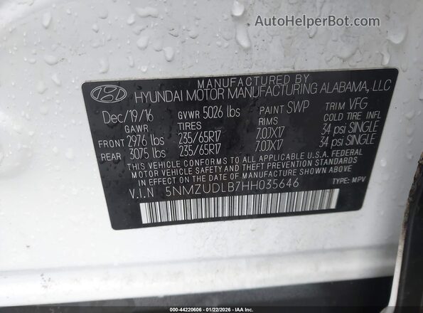 5NMZUDLB7HH035646 2017 HYUNDAI SANTA FE SPORT White Вид підкапотного простору