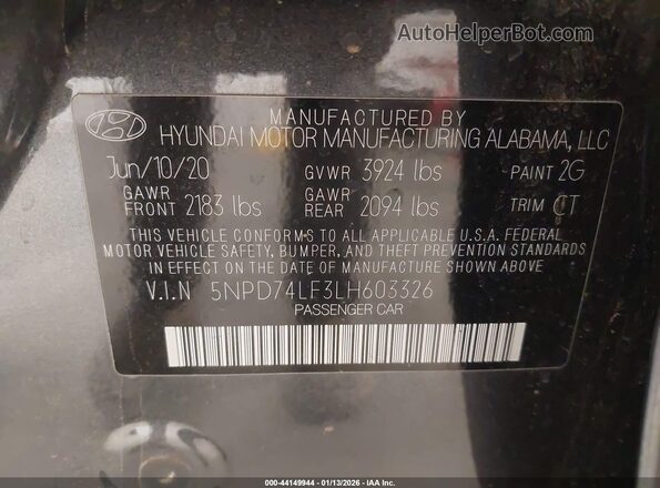 5NPD74LF3LH603326 2020 HYUNDAI ELANTRA Black Շարժիչի բաժամունքի տեսք