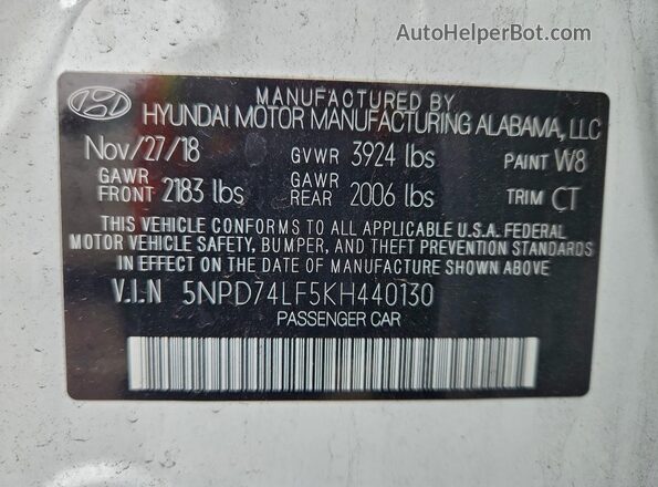 5NPD74LF5KH440130 2019 HYUNDAI ELANTRA Белый Вид подкапотного пространства
