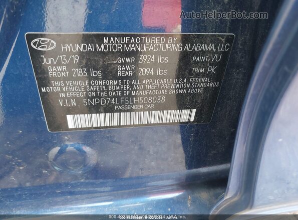 5NPD74LF5LH508038 2020 HYUNDAI ELANTRA Blue Вид підкапотного простору