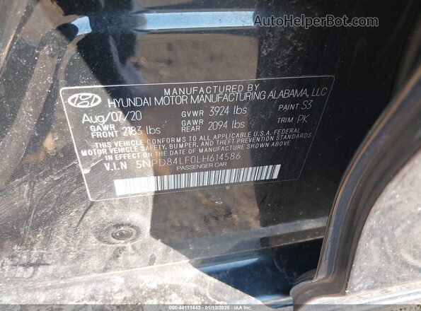 5NPD84LF0LH614586 2020 HYUNDAI ELANTRA Black ძრავის განყოფილების ხედი
